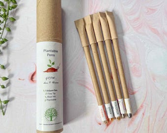 Set of 5 Plantable Pens in a Gift Tube | Recycled Paper Pens with blue ink  | Fine tip pens | Eco Friendly Stationery Gift