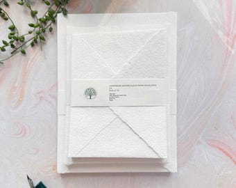 Watercolour Paper Envelopes - White | Handmade Cotton Paper Envelopes with deckled edges and pointed flaps | C6 | 5" x 7" | A5