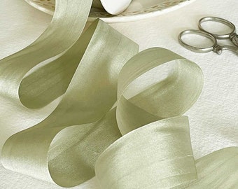 Silk Closed Edge Ribbon in Dusky Sage Green / Habotai SIlk Ribbon in Pale Green Colour / Fine Silk Ribbon Sold by the meter