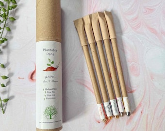 Conjunto de 5 canetas plantáveis em tubo de presente | Canetas de papel reciclado com tinta azul | Canetas de ponta fina | Presente de papelaria ecológico