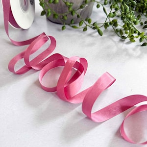 Narrow Silk Closed Edge Ribbon in Soft Raspberry - 13mm | Bright Pink Habotai Silk Ribbon sold by the metre