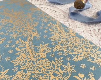 Fleur Lustre in Airforce Blue and Gold / Decorative A4 paper for crafts / Recycled paper with gold floral print / Scrapbooking Paper