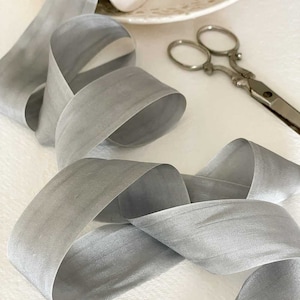 Silk Closed Edge Ribbon in Grey / Habotai Silk Ribbon in Silver Grey / Fine silk ribbon sold by the meter