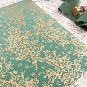 Fleur Lustre in Green and Gold / Recycled A4 paper in green with gold embossed floral pattern / Decorative Craft Paper