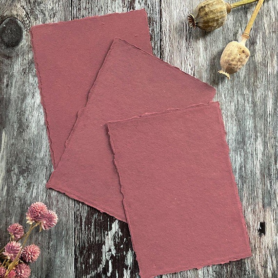 Dusky Rose Handmade Card | PACK OF 5 SHEETS | Recycled Cotton Rag Card in Burgundy | 300gsm Card with Deckled Edges