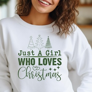 Just A Girl who loves Christmas - Christmas Trees Heavy Blend Crewneck Sweatshirt - Holiday Shirt, Women's Christmas Shirt, Crewneck