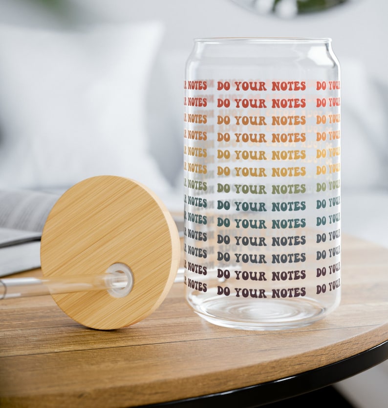 glass funny therapy quote cup therapist gift that features funny therapy quote "do your notes" in retro rainbow letters