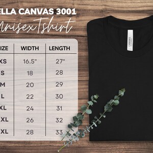 May include: A size chart for a Bella Canvas 3001 unisex t-shirt. The chart shows the width and length of the shirt in inches for sizes XS to 3XL.