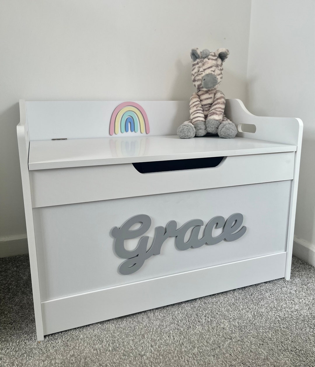 Personalised White Rainbow Childrens Toy Box Toy Storage Toy Chest Childrens Decor Nursey