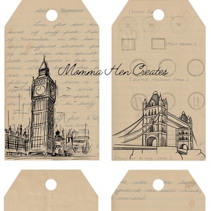 étiquettes vintage, étiquettes de journal, base d'étiquettes neutres, fond numérique, imprimable, éphémère, anciennes étiquettes, vieilli, Londres, Big Ben, pont, tour de Londres