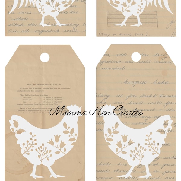 Farmhouse Tags, Journal Tags, Vintage Tags, Neutral tag base, 'Digital background, Printable, Ephemera, Hen, Chicken, Rooster