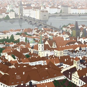 Cartolina illustrata dei tetti di Praga: vista panoramica dello storico skyline di Praga, souvenir perfetto o regalo di viaggio