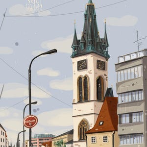 Postal de Praga Calle Štěpánská – Postal de viaje ilustrada, recuerdo de la República Checa, dibujo de arquitectura vintage, regalo checo