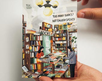 Postal ilustrada de una acogedora librería – Papelería literaria