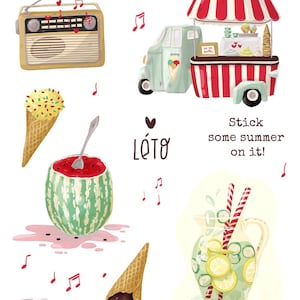 Summer Stickers Pack - Ice Cream, Ice Cream Truck, Watermelon, Cucumber Lemonade & Retro Radio - Cute Journal Stickers