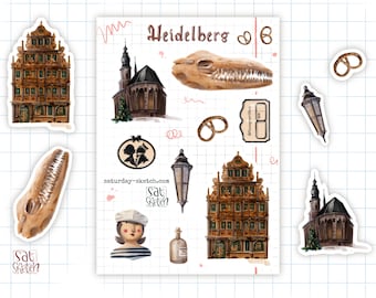 Heidelberg vinyl stickers Travel sketches Travelbook stickers Laptop decal Small gift for paper lover Cute pictures Art stationery Germany