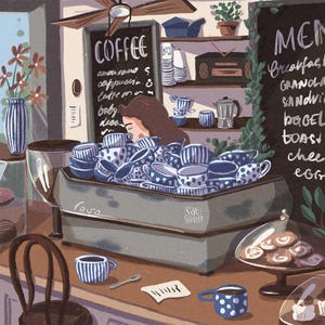 Przytulna kawiarnia Urocza kwadratowa pocztówka z autentycznymi ilustracjami kawiarni: urocze, słodkie filiżanki i zachwycający barista Delikatny dotyk Naiwny styl