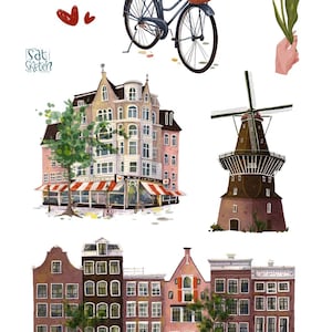 Amsterdam Sticker Pack Illustrated Vinyl Stickers, Dutch Canal Houses, Tulips & Bicycles, Travel Journal Stickers, Netherlands Souvenir Gift