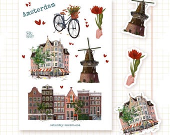 Amsterdam Illustrated Vinyl Sticker Pack, Dutch Travel Souvenir