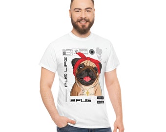 Camiseta de algodão unissex PUG LIFE 2PAC, camiseta engraçada de pug, camiseta de pai pug, camiseta de mãe pug, camiseta de dono de pug, camiseta de presente de pug, camiseta de dono de cachorro pug, presente de pug