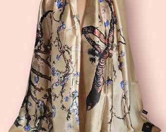 Luxury 100% Silk Scarf, Van Gogh Cream/Beige Silk Scarf, Personalised Gift For Her, Women Shawl, Almond Blossom Art, Gift Box/Card Available