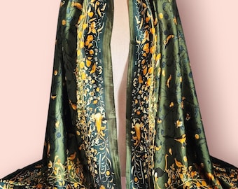 Luxury Soft Silky Scarf, Dark green Scarf, Personalised Gift For Her, Gift Box Card Available, Women&#39;s Head Scarf, Bird design Scarf