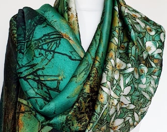 Luxury Soft Silk Scarf, Green Silk Scarf, Personalised Gift For Her, Exotic Garden Bird Scarf, Gift Box Card Available, Emerald Green Scarf