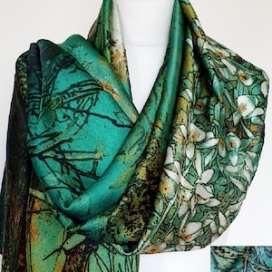 Luxury Soft Silk Scarf, Green Silk Scarf, Personalised Gift For Her, Exotic Garden Bird Scarf, Gift Box Card Available, Emerald Green Scarf