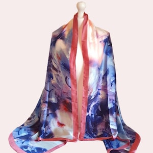 Luxe zachte zijdeachtige sjaal, sjaal met kleurrijke kunstprint, gepersonaliseerd cadeau voor haar, cadeaukaart beschikbaar, hoofddoek dames, sjaal abstracte kunst