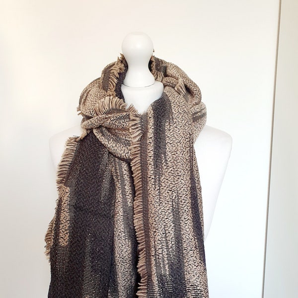 Beige/Black colour Wool Scarf, Gold Thread Stripe Wool Frayed Scarf, Double Sided Scarf/Wrap/Blanket, Christmas Gift For Her, Women's Poncho