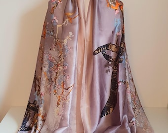Luxury 100% Silk Scarf, Van Gogh Almond Blossom Silk Scarf Lightweight, Personalised Gift For Her, Women&#39;s Head Scarf, Silk Scarf, Gift Box