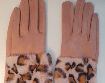 Winterhandschoenen, touchscreenhandschoenen, cadeau voor haar, namaakbont luipaardprinthandschoenen, dameshandschoenen, babyroze handschoenen, stijlvolle handschoenen