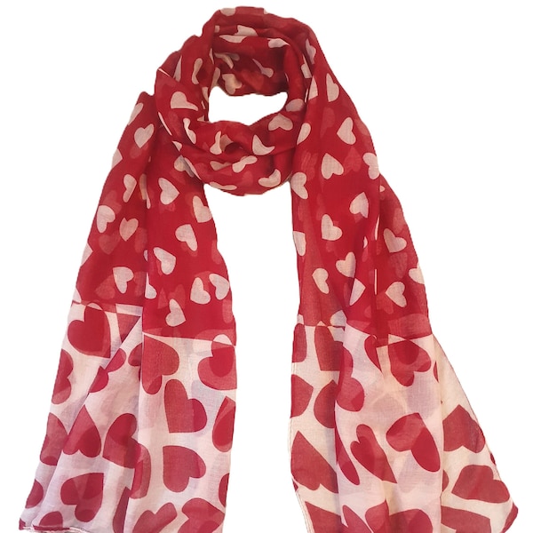 Foulard rouge imprimé coeurs, cadeau fête des mères pour elle, cadeau pour petite amie / femme / maman, écharpe imprimée coeurs rouges, châle pour femme, écharpe imprimée amour