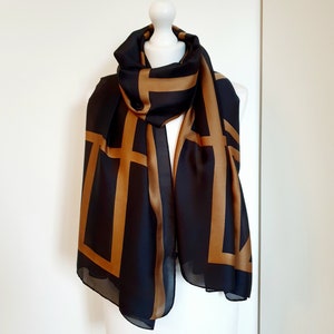Black 100% Silk Scarf, Luxury Silk Scarf, Geometric Design, Gift For Her, Abstract Print Women Scarf, Personalised Gift For Her, Gift Box
