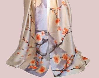 Bufanda de lujo 100% seda, estampado de flor de cerezo japonés, regalo personalizado para ella, bufanda de cabeza de mujer, bufanda de tacto suave, caja de regalo y tarjeta