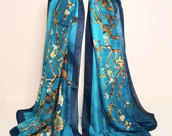 Luxury 100% Silk Scarf, Van Gogh Almond Blossom Silk Scarf Lightweight, Personalised Gift For Her, Women's Head Scarf, Silk Scarf, Gift Box