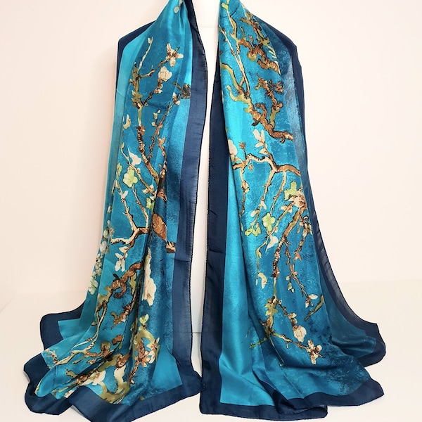 Écharpe de luxe 100 % soie, écharpe en soie Van Gogh avec fleurs d'amandier, cadeau personnalisé pour elle, foulard pour femme, écharpe douce au toucher, coffret cadeau