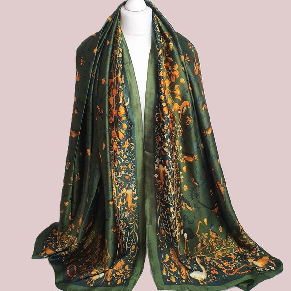 Luxury Soft Silk Scarf, Dark green Scarf, Personalised Gift For Her, Gift Box Card Available, Women's Head Scarf, Bird design Scarf