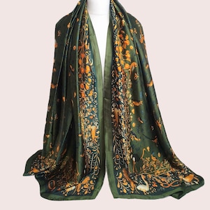 Bufanda de seda suave de lujo, bufanda verde oscuro, regalo personalizado para ella, caja de regalo con tarjeta disponible, bufanda para la cabeza de mujer, bufanda con diseño de pájaro