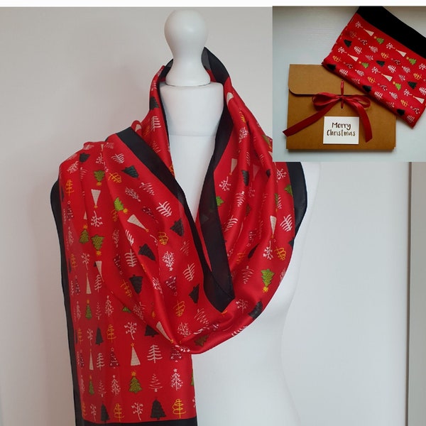 Christmas Tree Print Silk Scarf, Merry Christmas Scarf, Personalised Christmas Gift For Her, Red Scarf, Festive Scarf, gift Box available