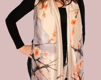 Bufanda de lujo 100% seda, estampado de flor de cerezo japonés, regalo personalizado para ella, bufanda de cabeza de mujer, bufanda de tacto suave, caja de regalo y tarjeta