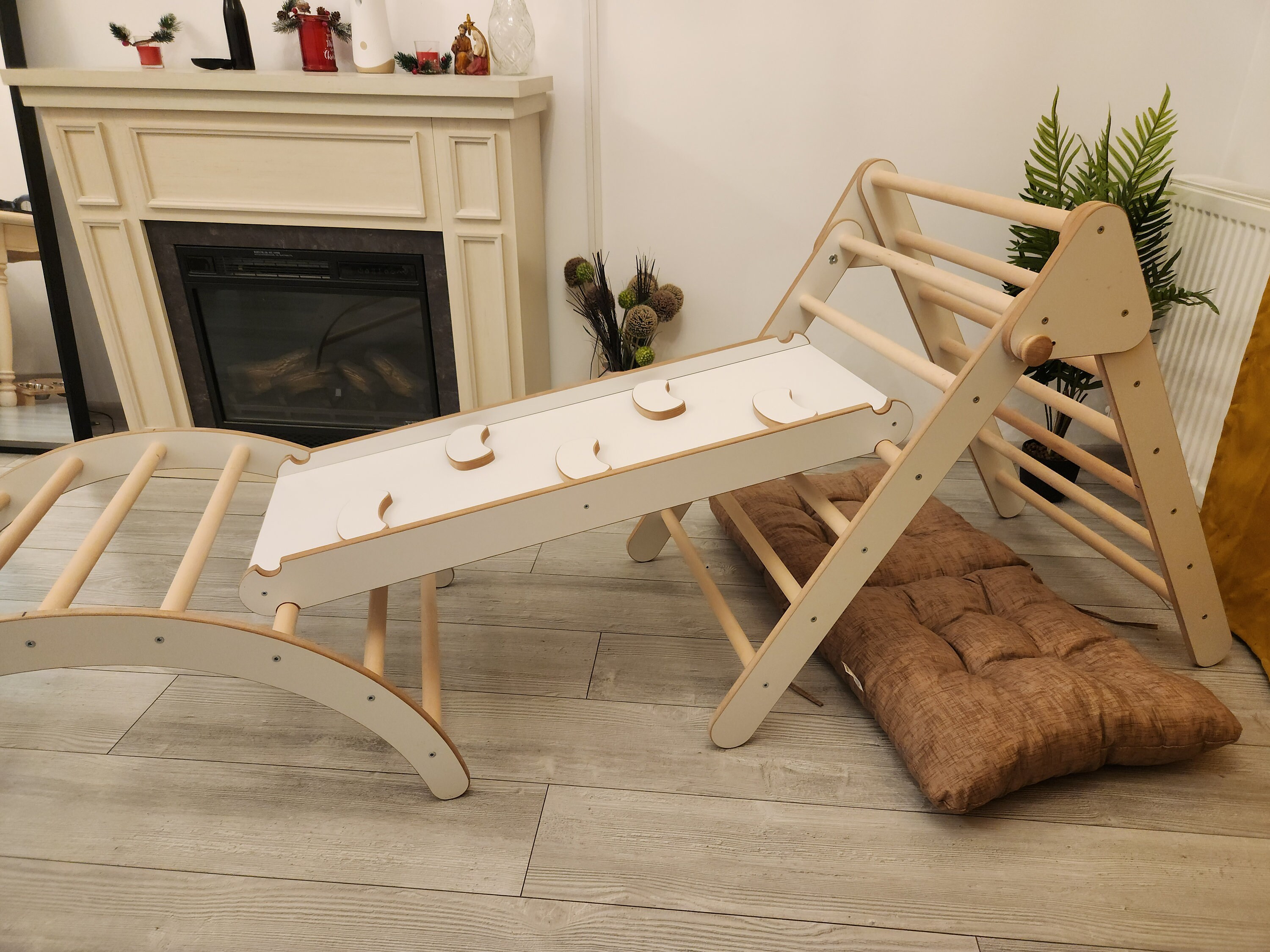 Lischwert 7in1 Montessori Klettergerüst - Holz Spielset Mit Rutsche & Kissen Für Kinder