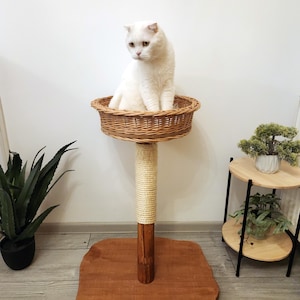 Natural Wood Cat Tree: Wicker Basket Bed & Sisal Scratching Post