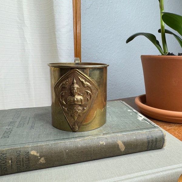 Antique & Vintage Brass Decorative Cup with Hindu or Buddhist Symbols