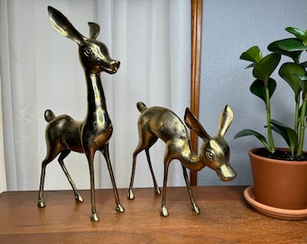 Set of Two Mid Century & Vintage Solid Brass Deer Statues/Figurines with Striking Poses