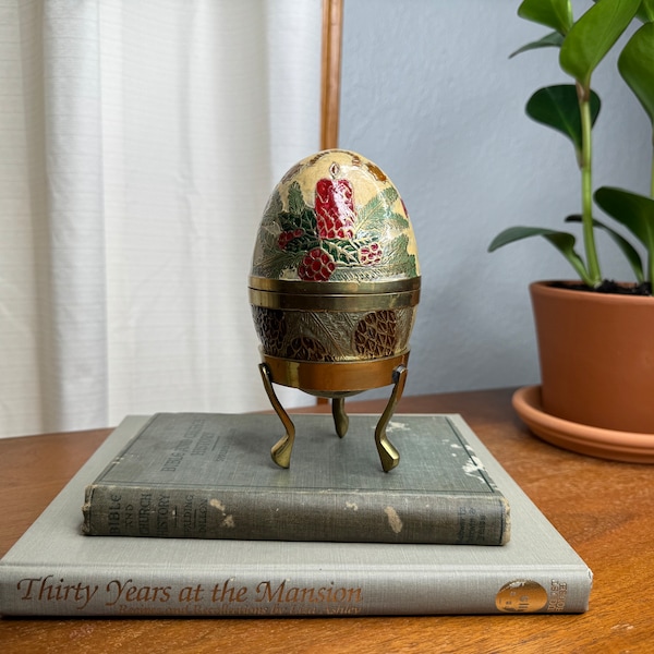 Vintage Brass Enamel Cloisonne Egg Trinket Box with Stand
