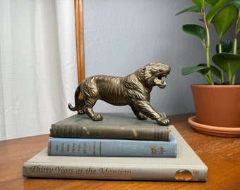 Antique Brass Tiger Statue Figurine with Fangs and Patina