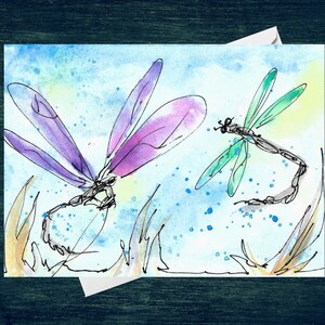 Purple And Green Dragonflies Greeting Card 7x5 Blank