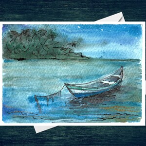 Blaues Boot Blaues Wasser Grußkarte 7x5 Blanko