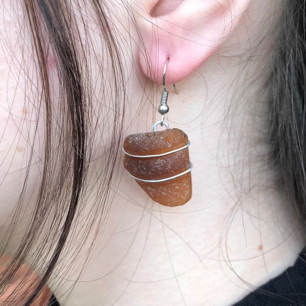 Brown Seaglass Bottle Neck Wire Wrapped Earrings